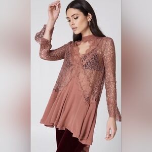 FREE PEOPLE Tell Tale Elegant Pink Mauve Lace Tunic Dress